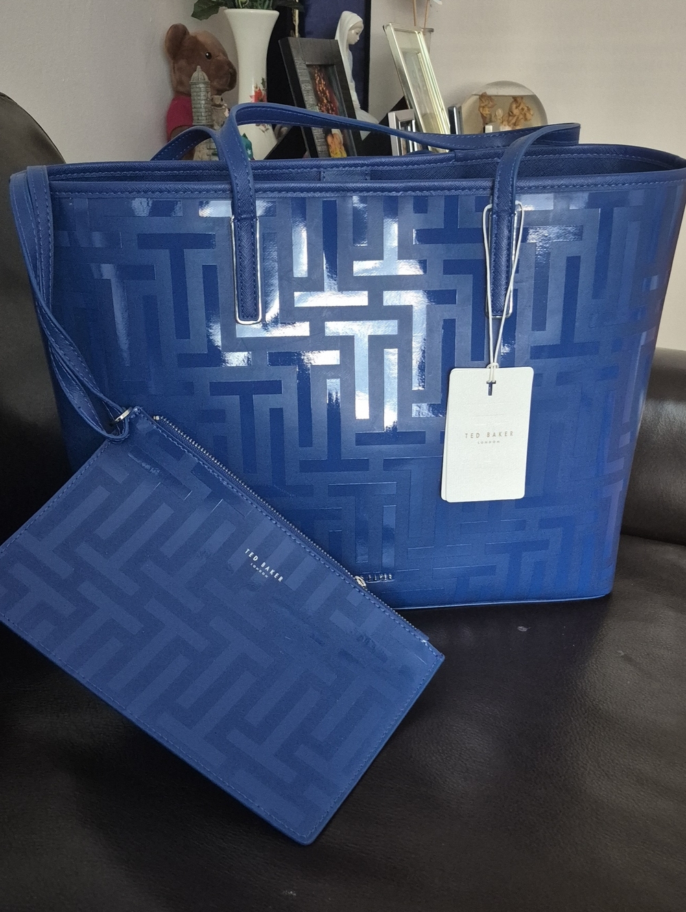 Ted Baker Blue Patent Logo Tote with Matching Wristlet